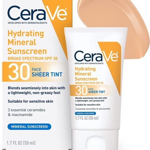 CeraVe Tinted Sunscreen with SPF 30 | Hydrating Mineral Sunscreen With Zinc Oxide Titanium Dioxide | Sheer Tint for Healthy Glow | 1.7 Fluid Ounce