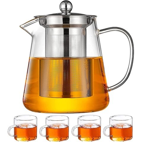 Teapot with Heat Resistant Stainless Steel Infuser,Glass Teapot Set of 5, with Strainer - 950ml with 4 Cups (100ml each)