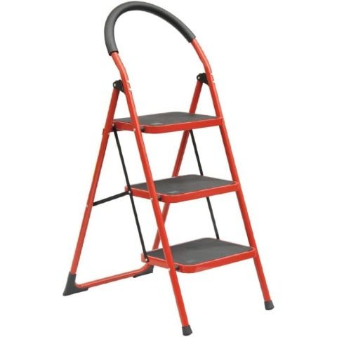 Folding 3 Step Ladder Portable Space Saving Lightweight Ladders with Sturdy Steel and Anti-Slip Wide Pedal, Multi-Use for Household, Market, Office (RED)