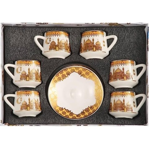 Ramadan Design Turkish Coffee Cup Set - Set of 6 with Saucers and Cup Holder for Home Office, Ceramic Keeps Coffee Warm, set-gold and white color