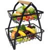 2 tier black metal fruit bowl fruit basket shelf fruit basket bread basket fruit bowl vegetable bowl with wooden handle removable vegetable holder kitchen fruit warehouse fruit vegetable snacks