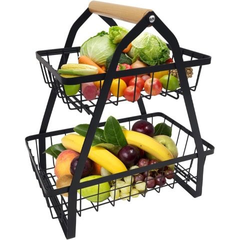 2 tier black metal fruit bowl fruit basket shelf fruit basket bread basket fruit bowl vegetable bowl with wooden handle removable vegetable holder kitchen fruit warehouse fruit vegetable snacks