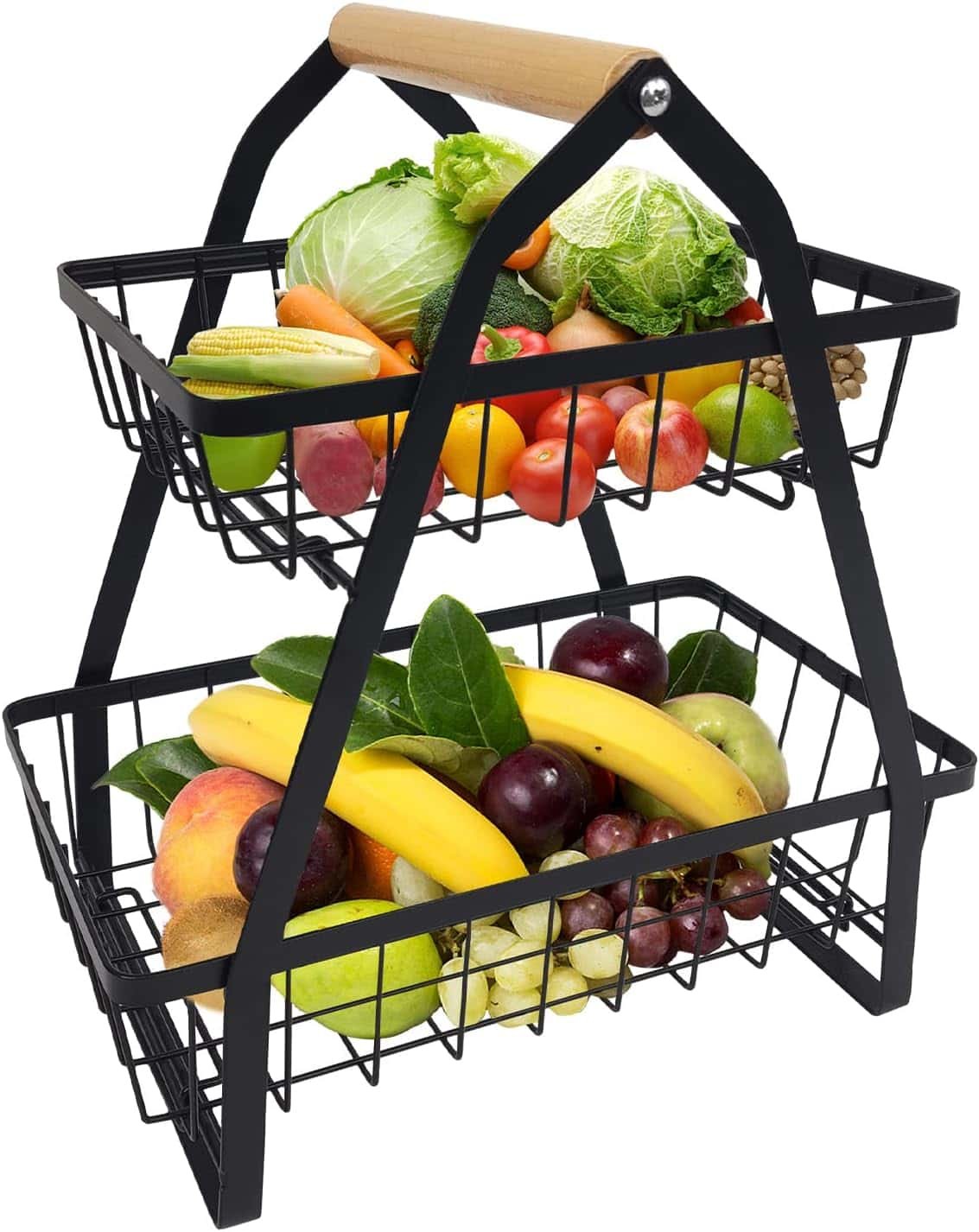 2 tier black metal fruit bowl fruit basket shelf fruit basket bread basket fruit bowl vegetable bowl with wooden handle removable vegetable holder kitchen fruit warehouse fruit vegetable snacks