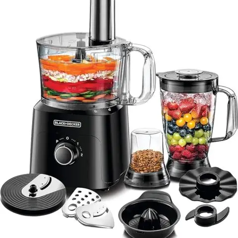 BLACK+DECKER 5-in-1 Food Processor, 750W Power, 2L Processing Bowl, 1.8L Blender Jar with Stainless Steel Blades, 34 Functions for Chopping, Slicing, Shredding, Compact Design, Black - FX775-B5