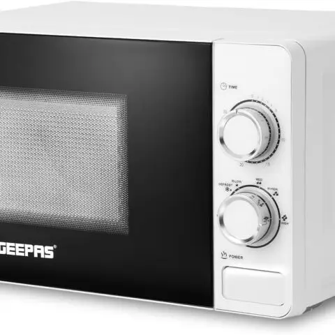 Geepas 20L Microwave Oven - 1100W Solo Microwave Oven with 5 Power Levels - Reheating, Defrost & 30 Minute Timer Function - 2 Rotary Dials - Oven for Standard Size of Dinner Plate