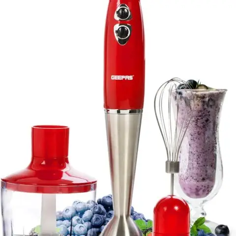 Geepas GHB6136 400W Hand Blender - Stainless Steel Blades with 2 Speed for Baby Food, Soup, Juice | 860ml Chopper Bowl & Electric Egg Whisk - 2 Years Warranty