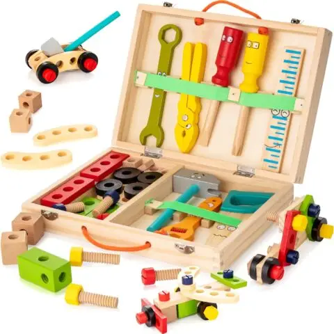KIDWILL Tool Kit for Kids, Wooden Tool Box with 34pcs Wooden Tools, Building Toy Set Creative DIY Educational Construction Toy, STEM Toy for Toddlers Boys Girls